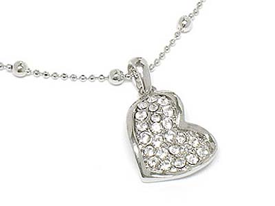 Crystal dense bend heart pendant and metal bead necklace 