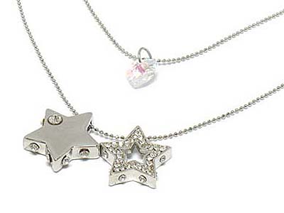 Crystal double stars pendant and heart cubic dual strand necklace 