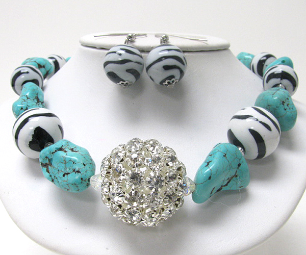 Crystal ball and turquoise stone and zebra ball link necklace earring set 