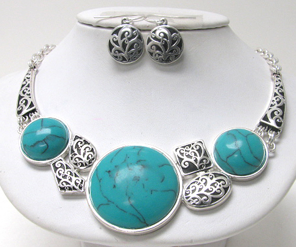 Turquoise stone and textured casting metal necklace earring set