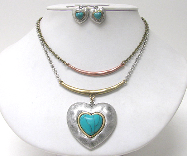 Natural stone deco heart pendant necklace earring set 