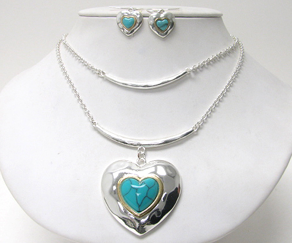 Natural stone deco heart pendant necklace earring set