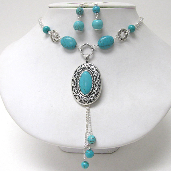 Turquoise stone and textured casting metal pendant and ball dangle  necklace earring set