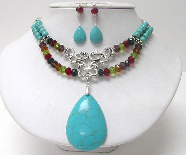 Turquoise teardrop pendant and glass beads and turquoise ball link necklace earring set