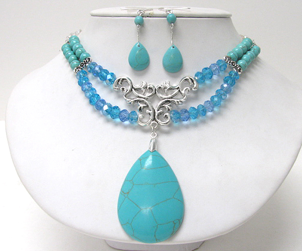 Turquoise teardrop pendant and glass beads and turquoise ball link necklace earring set