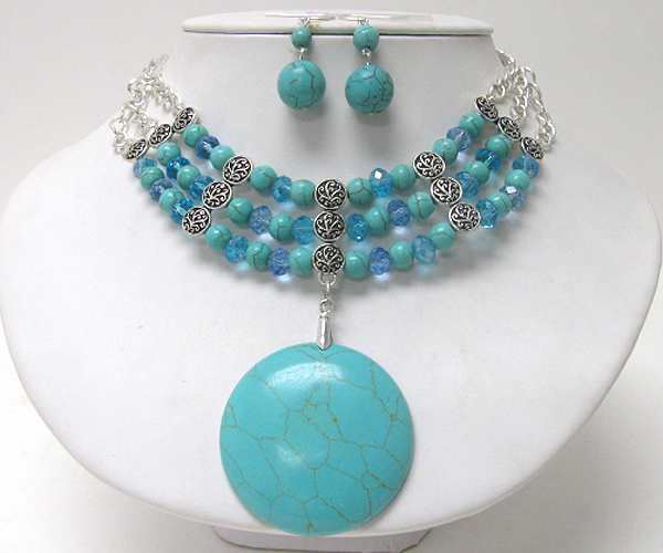 Turquoise roundp pendant and glass beads and turquoise ball link necklace earring set