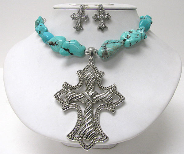 Large cross pendant chunky natural shape turquoise stone link necklace earring set