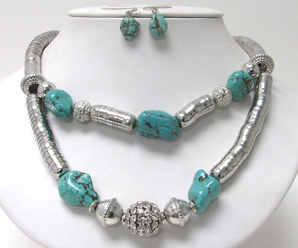 Crystal ball and turquoise stone and double layer snake chain link necklace earring set 