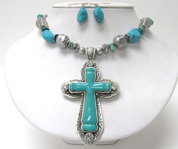 Crystal and turquoise deco cross pendant necklace earring set