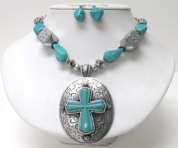 Crystal and turquoise deco cross oval pendant necklace earring set