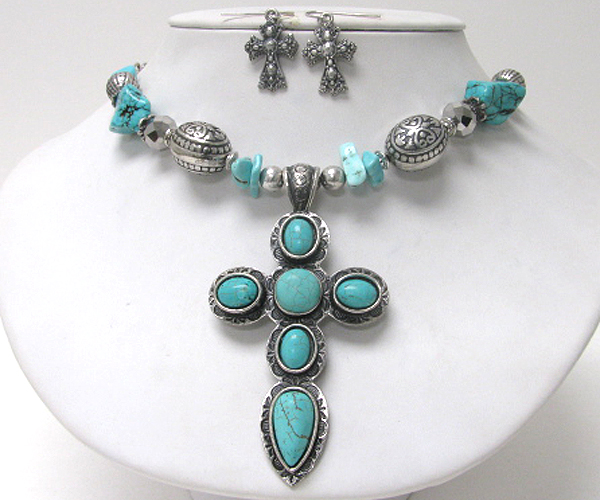 Turquoise deco cross pendant necklace earring set