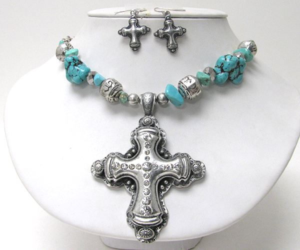 Crystal deco cross pendant turquoise stone necklace earring set