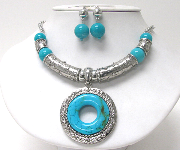 Turquoise deco donut pendant metal tube necklace earring set