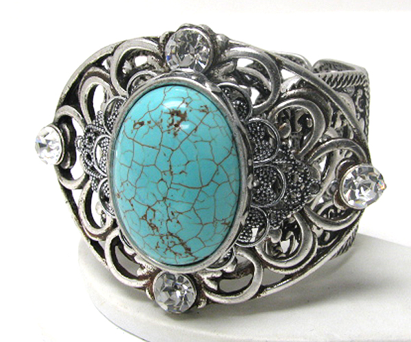 Crystal and turquoise stone and metal filigree hinge bangle