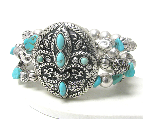 Turquoise stone deco fleur de lis stretch bracelet