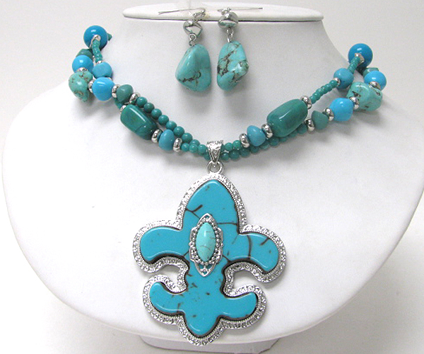 Chunky turquoise stone fleur de lis pendant necklace earring set