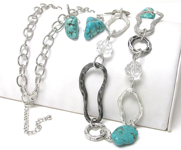 Turquoise stone and metal long chain necklace earring set