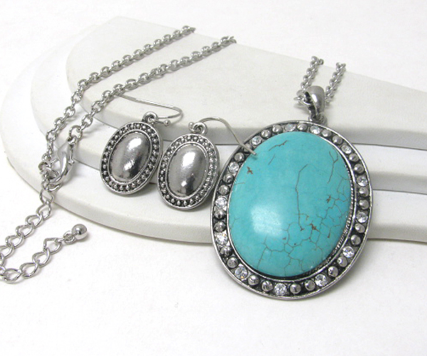 Crystal stud large oval turquoise stone pendant necklace earring set