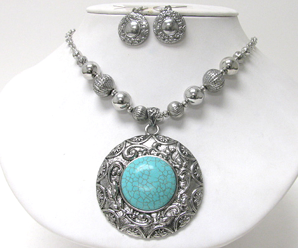 Turquoise stone round pendant necklace earring set