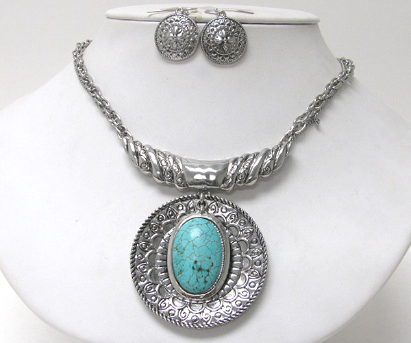 Turquoise stone round pendant necklace earring set