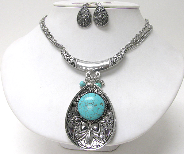 Turquoise stone oval pendant necklace earring set