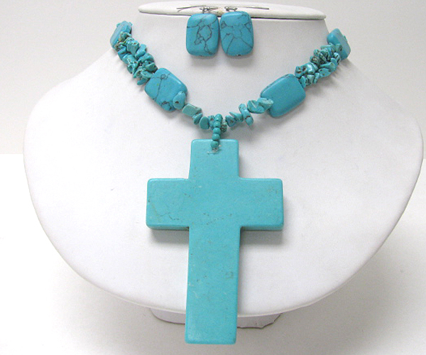 Large turquoise stone cross pendant necklace earring set