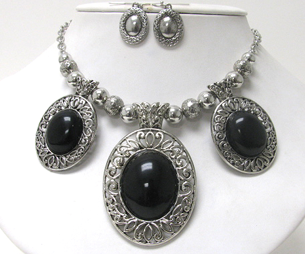 Tri natural stone oval pendant dangle necklace earring set