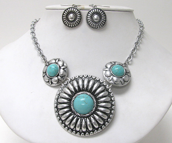 Tri turquoise stone round flower pendant dangle necklace earring set