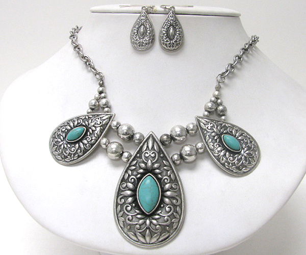 Tri turquoise stone teardrop pendant dangle necklace earring set