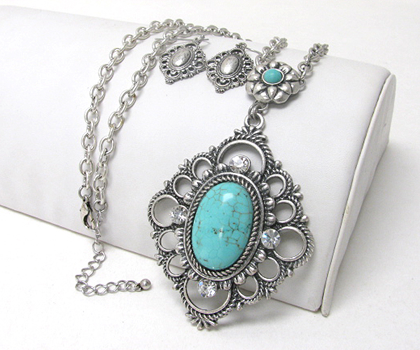 Crystal stud large oval turquoise stone pendant necklace earring set