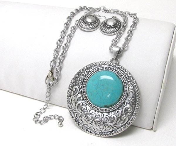 Large round turquoise stone pendant necklace earring set