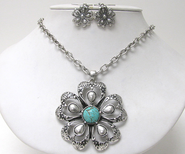 Turquoise stone deco flower pendant necklace earring set