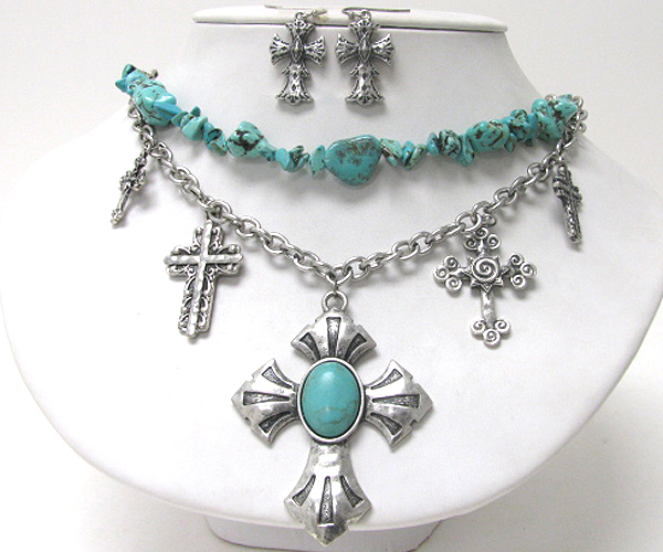 Turquoise stone deco multi cross dangle necklace earring set