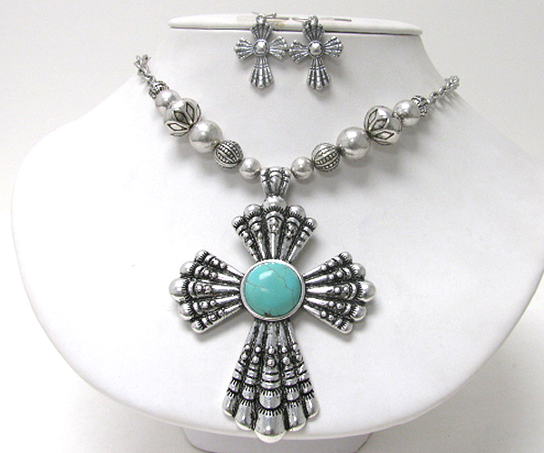 Turquoise stone deco cross pendant necklace earring set