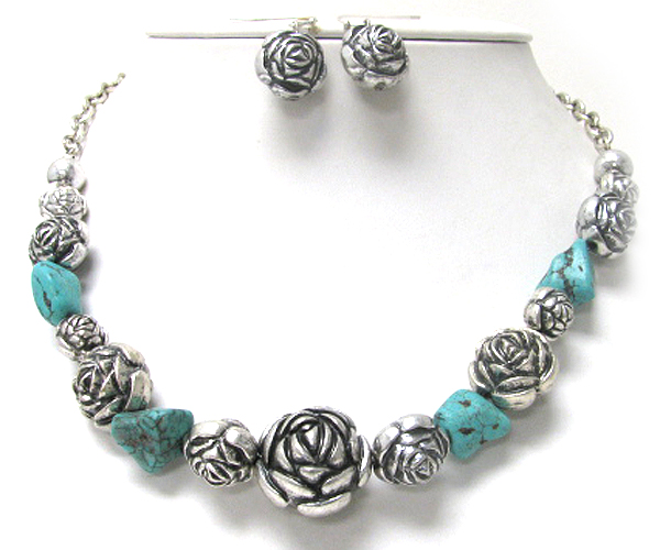 Turquoise stone and metal rose flower link necklace earring set