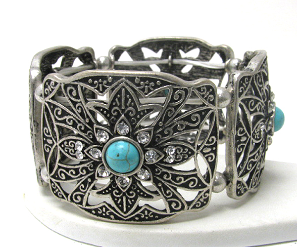 Crystal and turquoise stone stud textured casting metal stretch bracelet