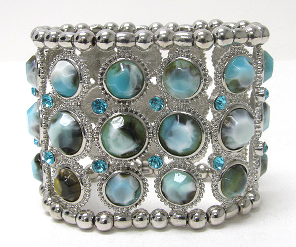 Crystal and facet formica stone deco metal stretch bracelet