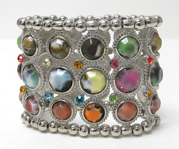 Crystal and facet formica stone deco metal stretch bracelet