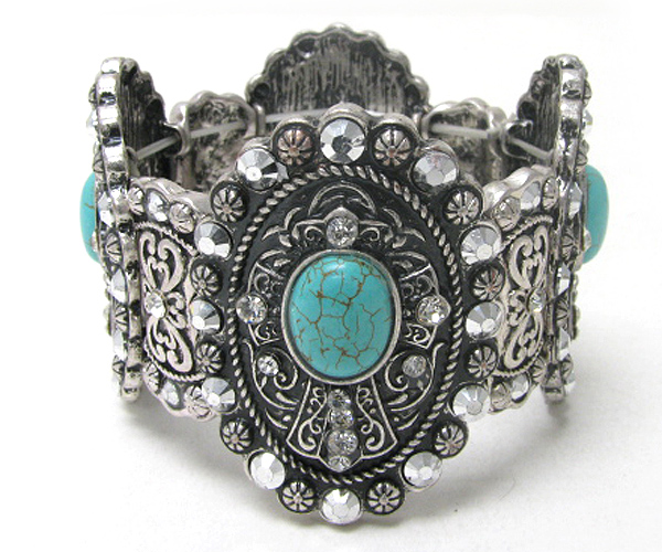 Turquoise stone and crystal deco cross disk link stretch bracelet