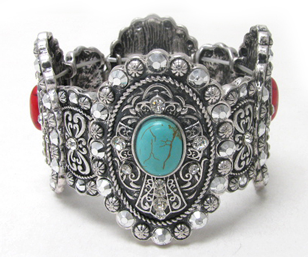 Turquoise stone and crystal deco cross disk link stretch bracelet