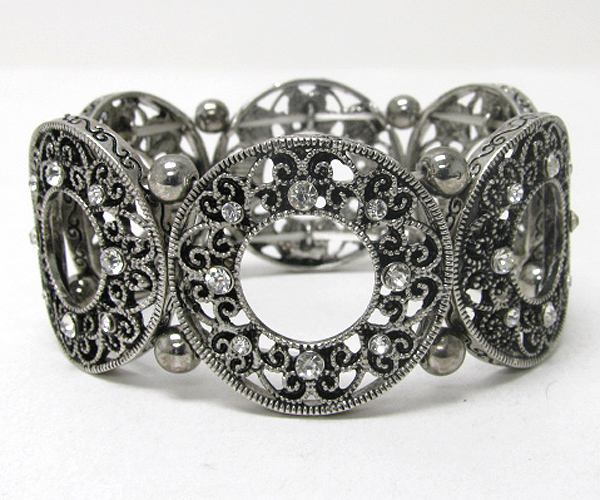 Crystal stud cut out textured metal disk link stretch bracelet