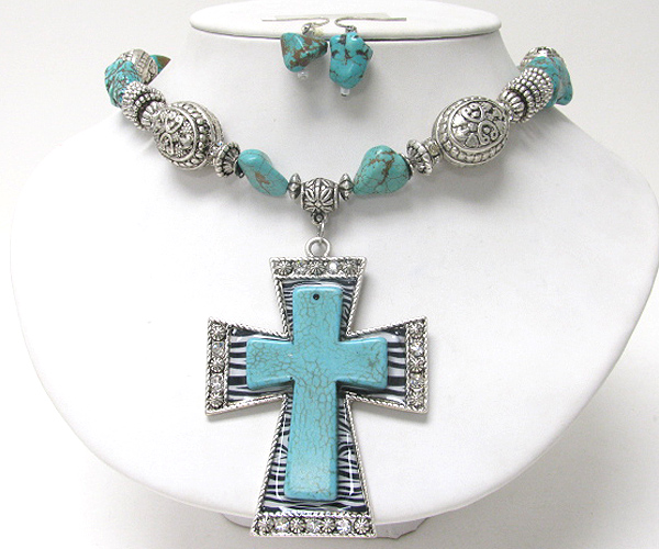 Turquoise and crystal cross pendant necklace earring set