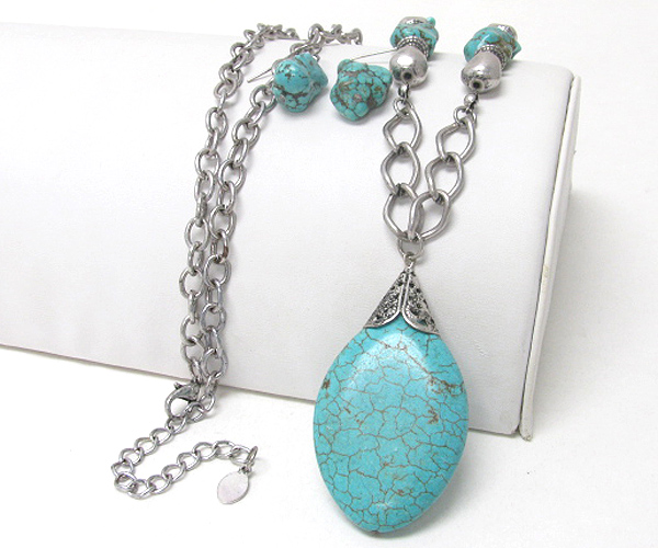 Oval turquoise stone dangle long chain necklace earring set