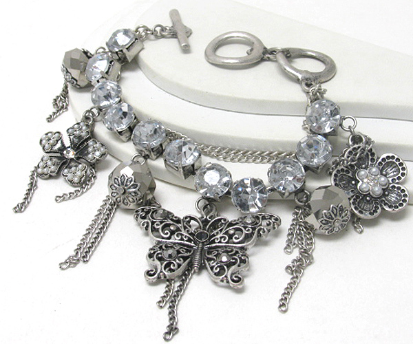 Retro vintage mixed flower and butterfly charm dangle crystal and metal mixed chain bracelet 