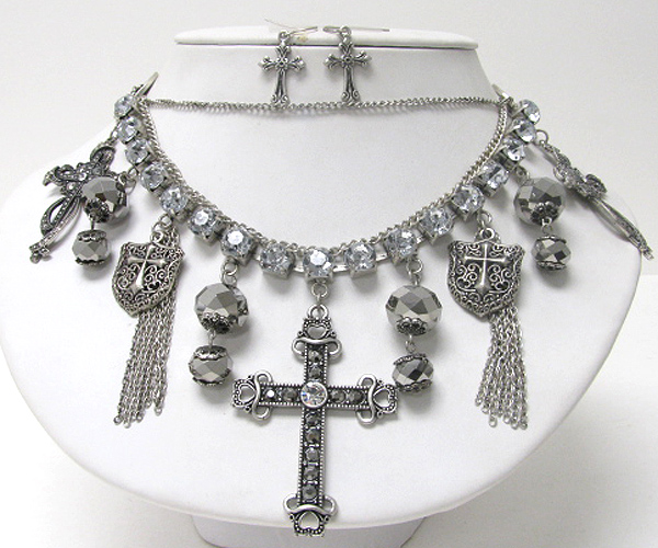 Retro vintage facet beads and mixed cross charm dangle crystal and metal mixed chain neckalce earring set 