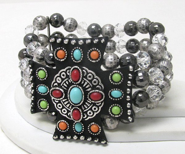 Mixed natural stone stud antique cross top multi row beads stretch bracelet 