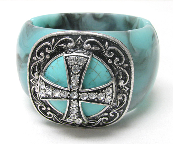 Retro vintage crystal cross on turquoise stone bangle