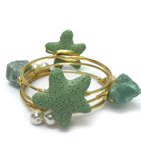 Pearls stones and starfish set of three bangle bracelets 