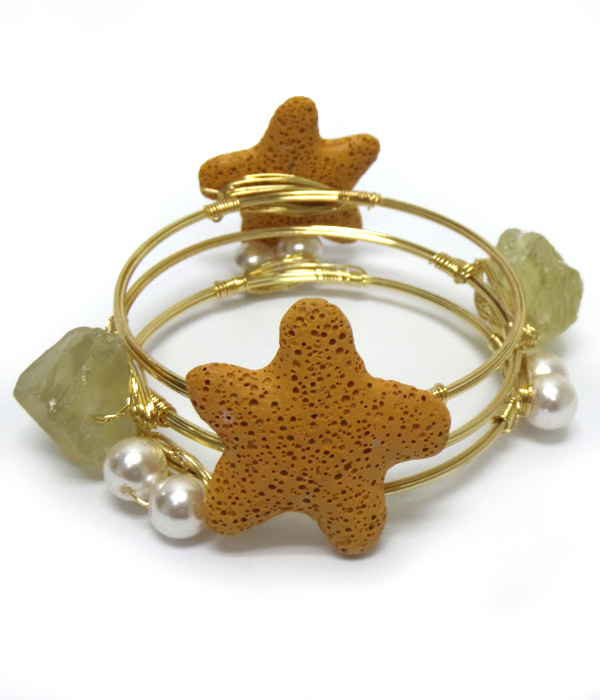 Pearls stones and starfish set of three bangle bracelets