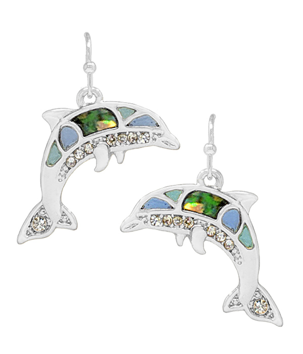 Sealife theme abalone and rhinestone earring - dolphin